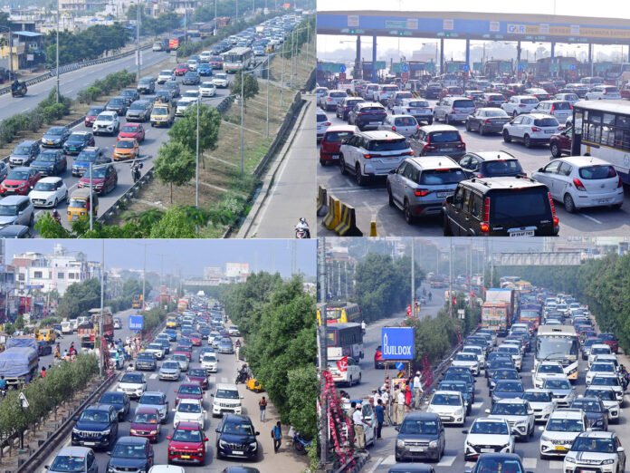 Heavy traffic jam on Vijayawada highway Heavy traffic jam on Vijayawada highway