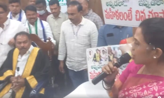 As there was no seat, MLA Madhavi stood and protested