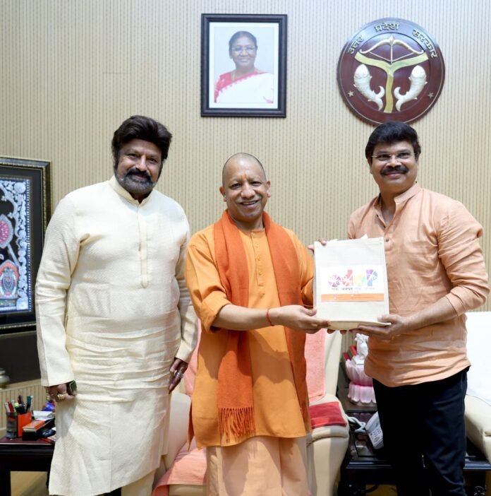 Nandamuri Balakrishna and Boyapati Srinu met UP CM Yogi Adityanath and presented him with the Akhanda Trishul.