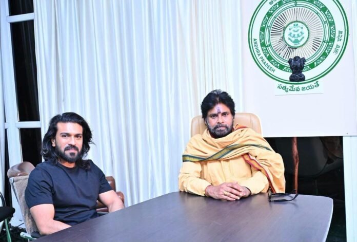 Ram Charan met Pawan Kalyan at the Jana Sena central office. Ram Charan met Pawan Kalyan at the Jana Sena central office.