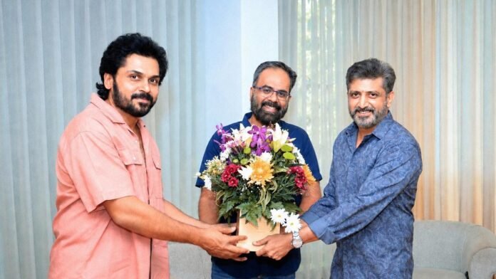Announcement of a new movie featuring Karthi, Mohan Raja, S. Lakshman Kumar, and Prince Pictures. Announcement of a new movie featuring Karthi, Mohan Raja, S. Lakshman Kumar, and Prince Pictures.