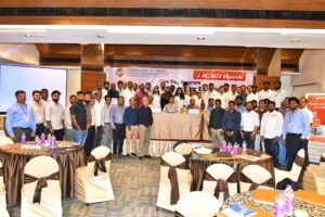 Pictured are R. Kulkarni, Head of the FIEO Telangana Chapter; S. Anil Kumar, President of the Hyderabad Customs Brokers Association; and ICICI Bank representatives Srinivas Tatikonda and Ch. Raju.